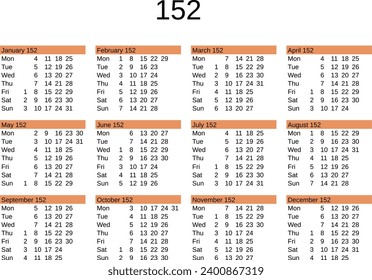 calendar of year 152 in English language