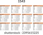 calendar of year 1543 in English language