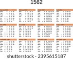 calendar of year 1562 in English language