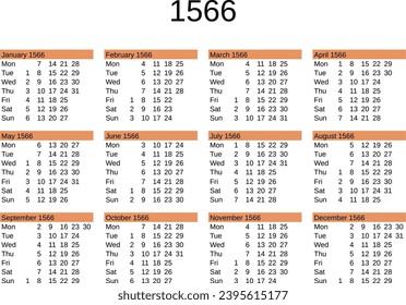 calendar of year 1566 in English language