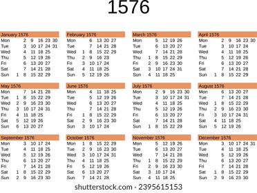 calendar of year 1576 in English language