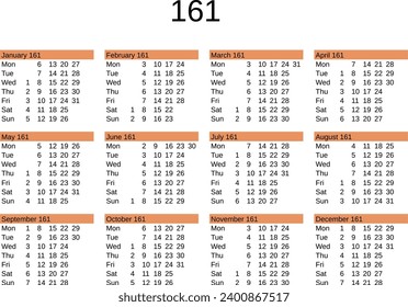 calendar of year 161 in English language