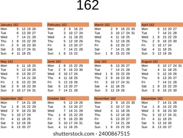 calendar of year 162 in English language