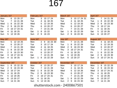 calendar of year 167 in English language