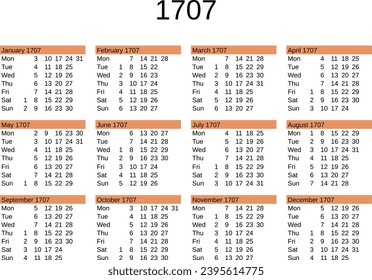 calendar of year 1707 in English language