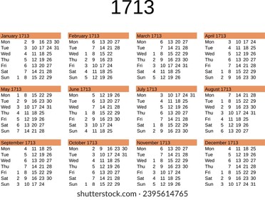 calendar of year 1713 in English language