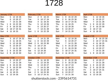 calendar of year 1728 in English language