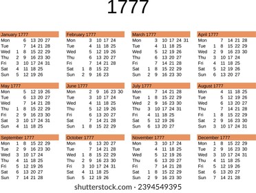 calendar of year 1777 in English language svg