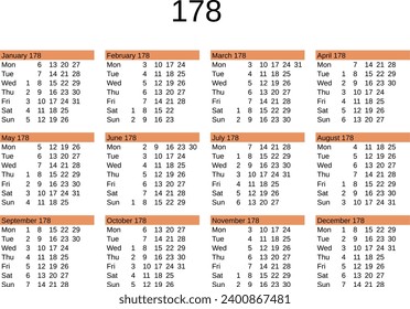 calendar of year 178 in English language