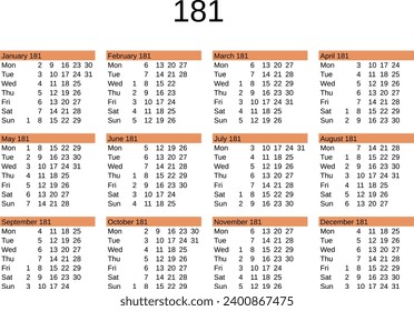 calendar of year 181 in English language