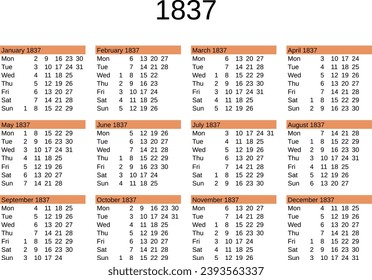 calendar of year 1837 in English language