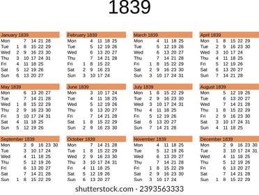 calendar of year 1839 in English language
