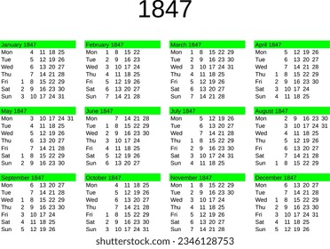 calendar of year 1847 in English language