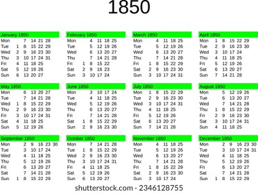 calendar of year 1850 in English language