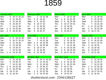 calendar of year 1859 in English language