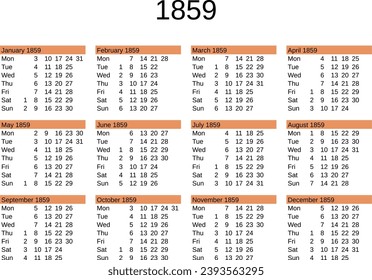 calendar of year 1859 in English language