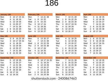 calendar of year 186 in English language