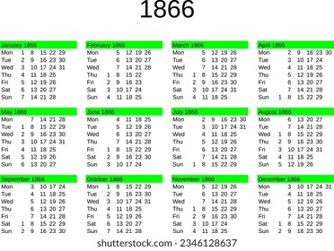 calendar of year 1866 in English language
