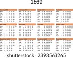 calendar of year 1869 in English language
