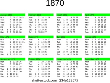 calendar of year 1870 in English language