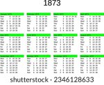 calendar of year 1873 in English language