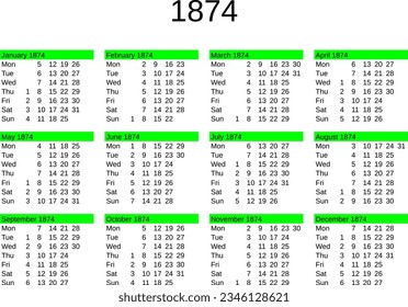 calendar of year 1874 in English language