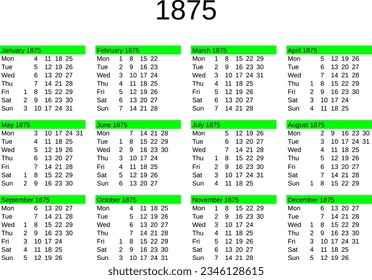 calendar of year 1875 in English language