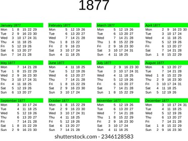 calendar of year 1877 in English language