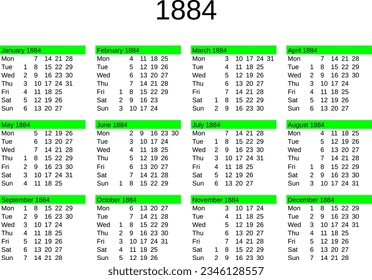 calendar of year 1884 in English language