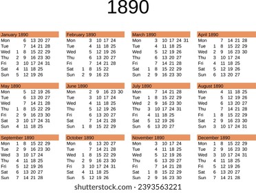 calendar of year 1890 in English language