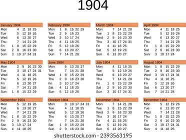 calendar of year 1904 in English language