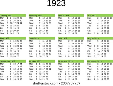 calendar of year 1923 in English language