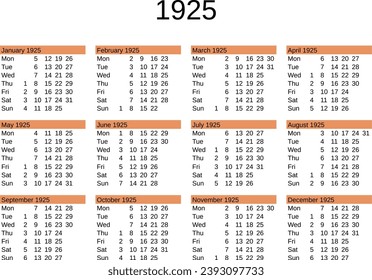 calendar of year 1925 in English language