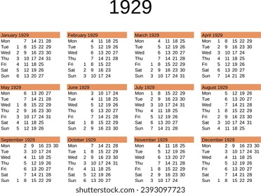 calendar of year 1929 in English language