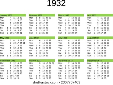 calendar of year 1932 in English language