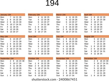 calendar of year 194 in English language