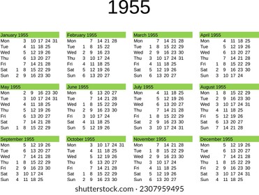 calendar of year 1955 in English language