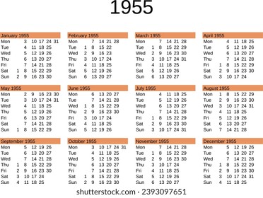 calendar of year 1955 in English language