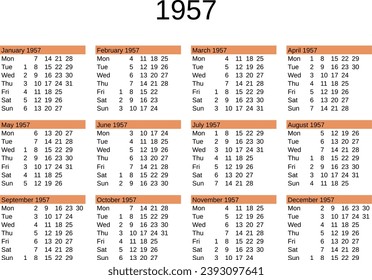 calendar of year 1957 in English language