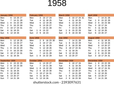 calendar of year 1958 in English language