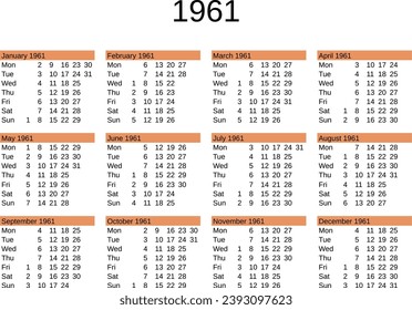 calendar of year 1961 in English language