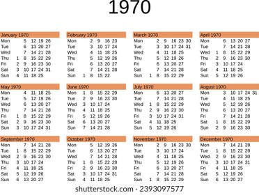 calendar of year 1970 in English language