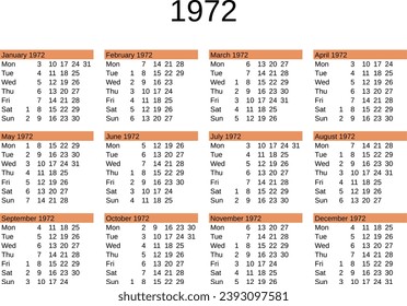 calendar of year 1972 in English language