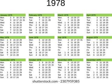 calendario del año 1978 en inglés