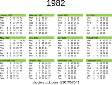 calendar of year 1982 in English language