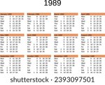 calendar of year 1989 in English language