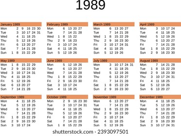 calendar of year 1989 in English language