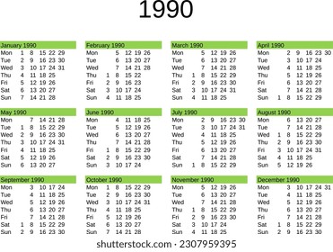 calendar of year 1990 in English language