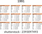 calendar of year 1991 in English language