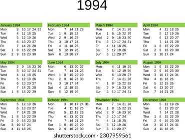 calendar of year 1994 in English language